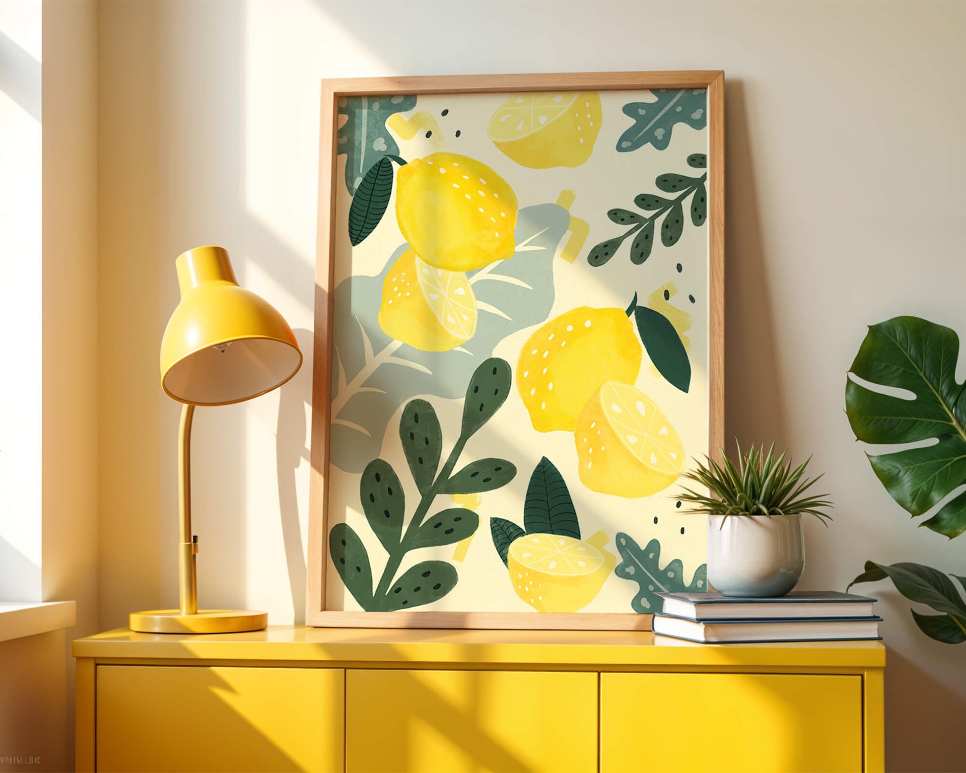 Composición ilustrativa de limones y hojas con colores vibrantes