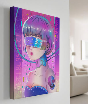 Chica cyberpunk futurista con colores neón y elementos de realidad virtual