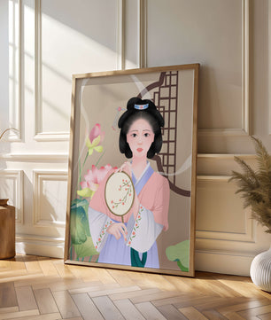 Elegant traditional Asian woman in pastel attire with floral background