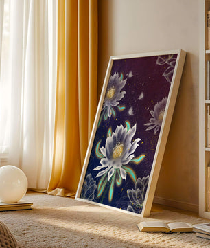 Lotus Flowers and Butterflies in a Starry Night Sky with Gold Accents - Mi tienda