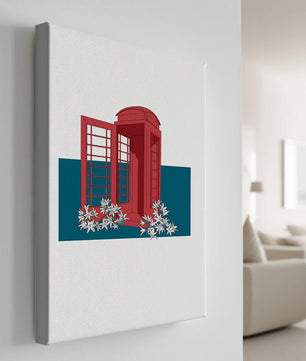 A Pink Phone Booth Surrounded by Flowers on a Teal Background