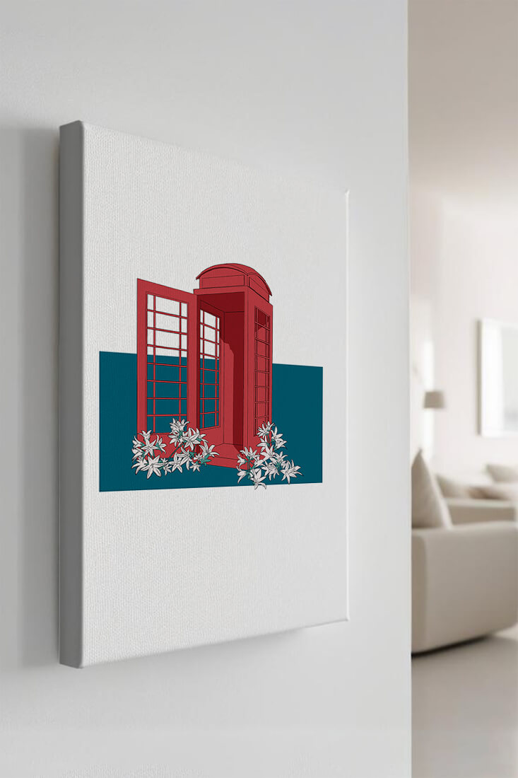 A Pink Phone Booth Surrounded by Flowers on a Teal Background