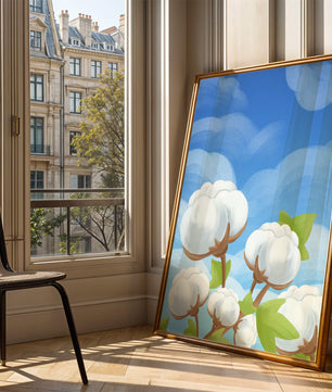 Künstlerische Illustration von Baumwollpflanzen vor einem klaren blauen Himmel