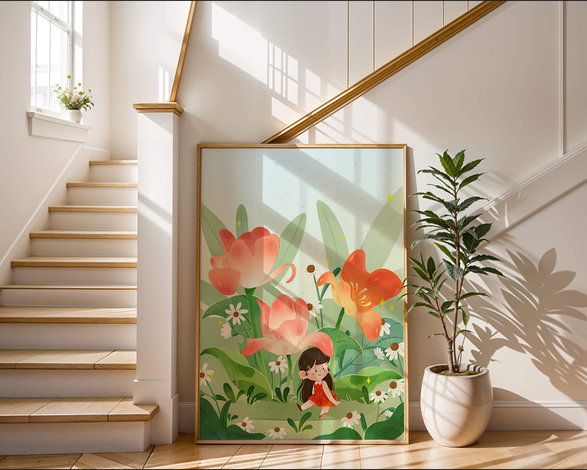 Charming floral garden with whimsical child illustration