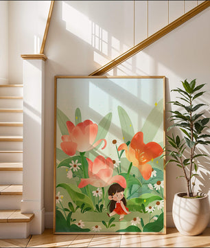 Encantador jardín floral con ilustración de niño caprichoso