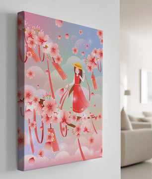 Scène printanière sereine avec des cerisiers en fleurs et une fille portant un chapeau