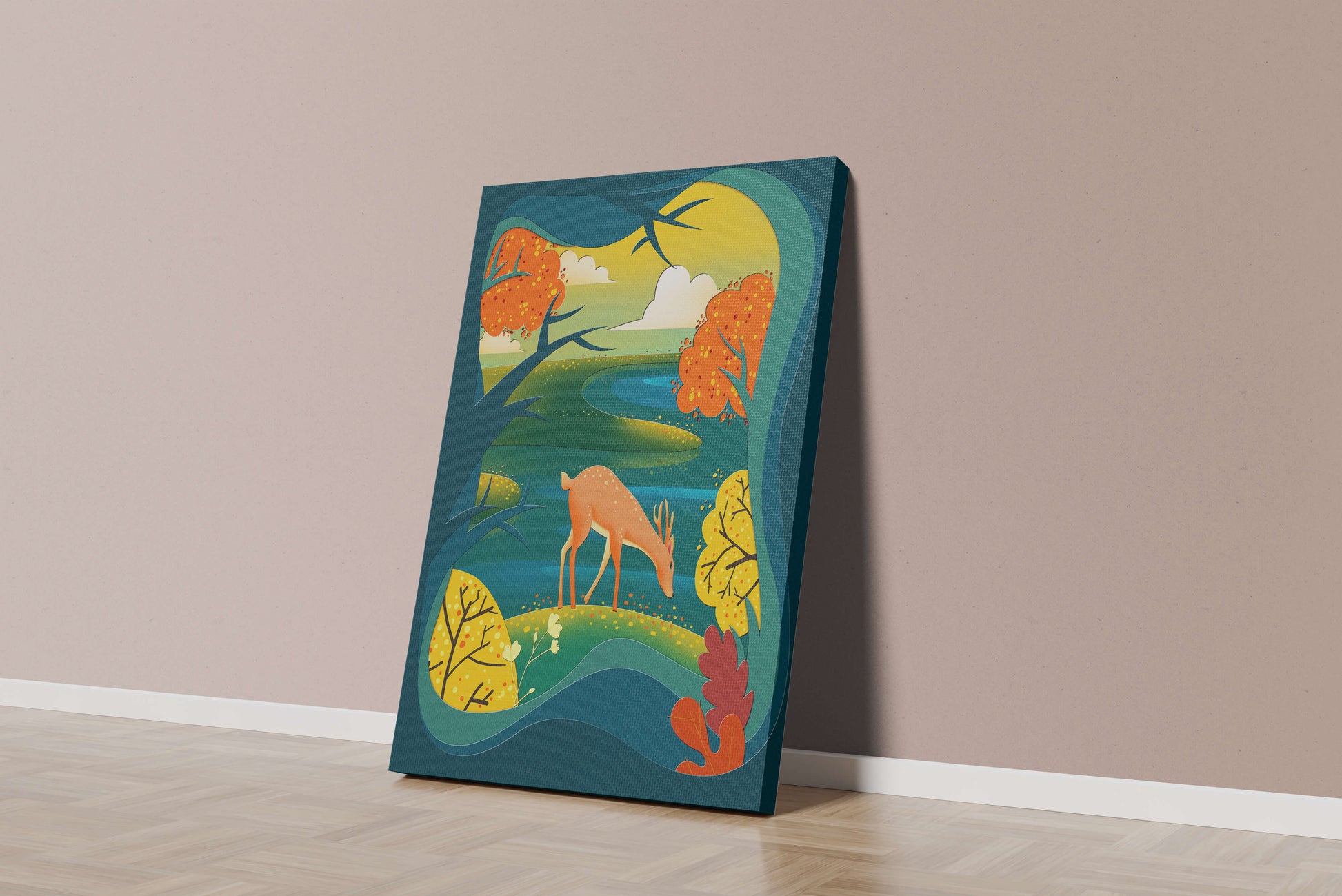 Deer in autumnal forest landscape with vibrant foliage