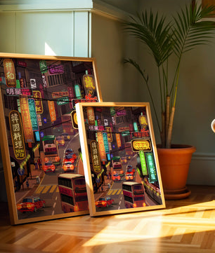 Vibrant urban street with neon signs and bustling traffic at night