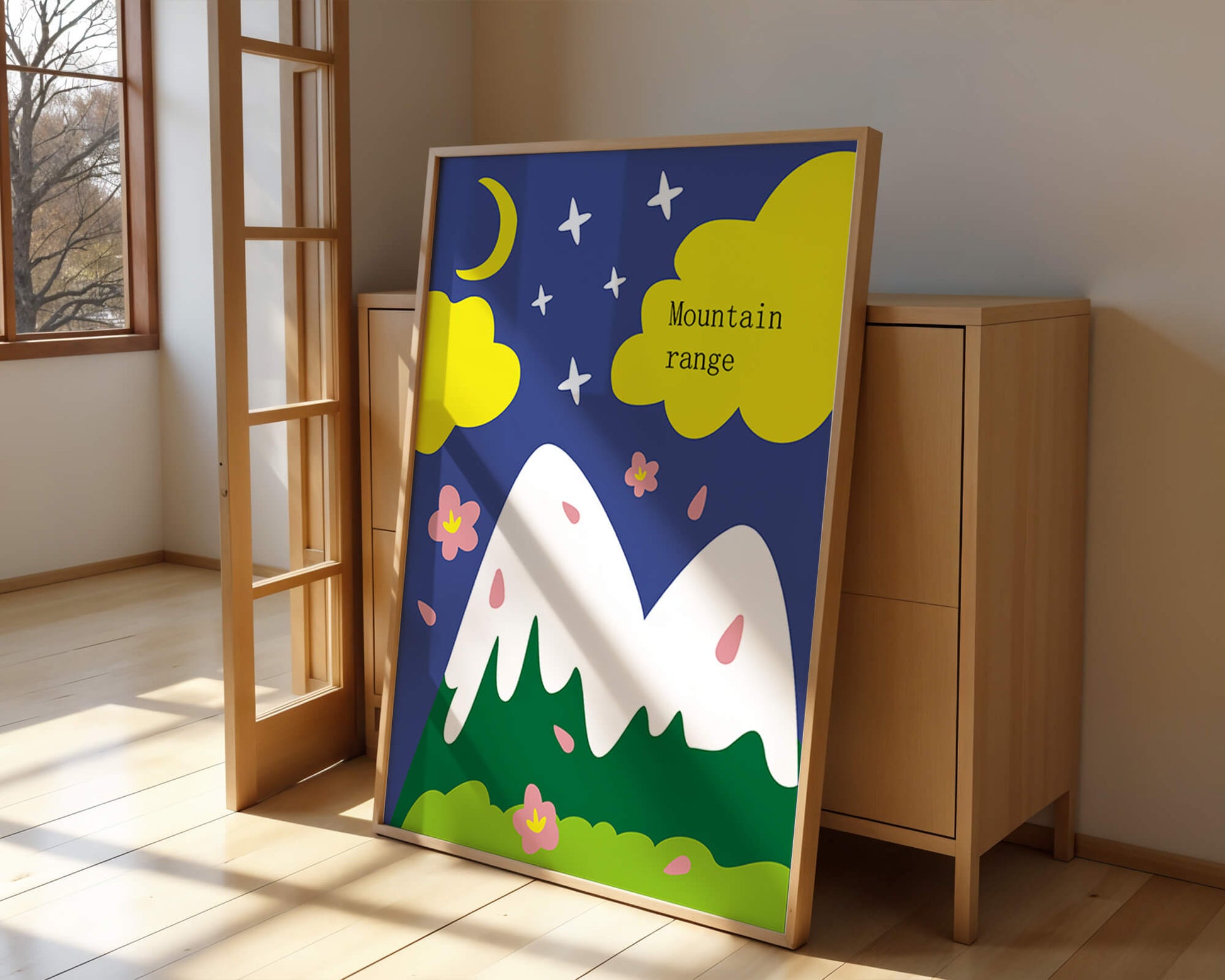 Stylized mountain landscape with starry night background and vibrant clouds