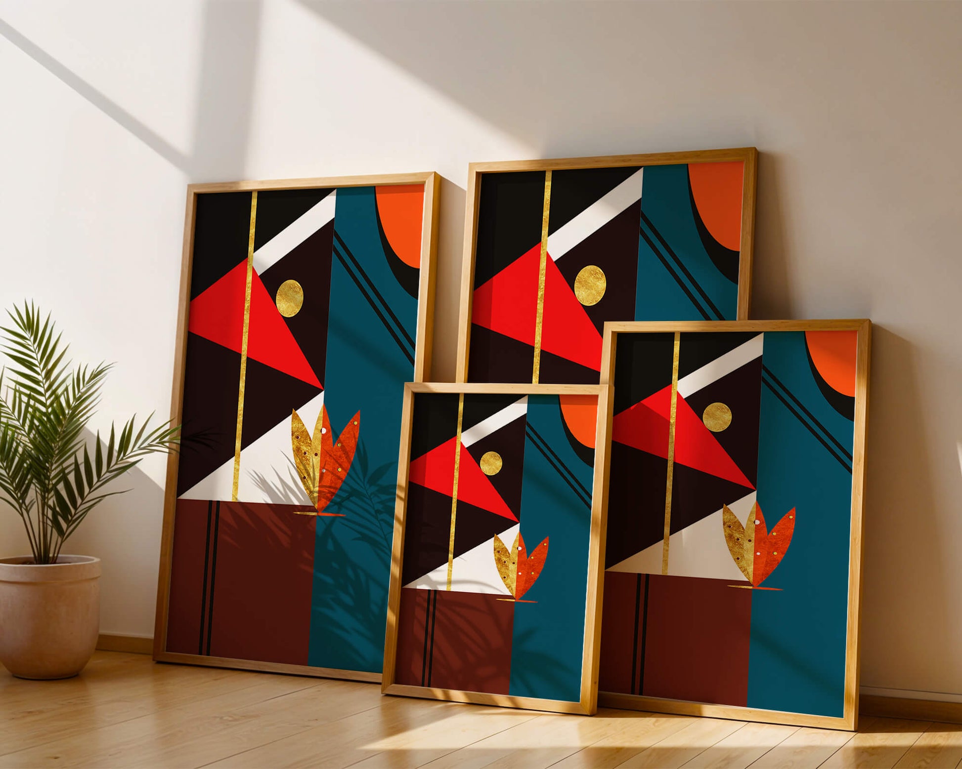 Geometrische abstrakte Kunst mit Gold und kräftigen Formen