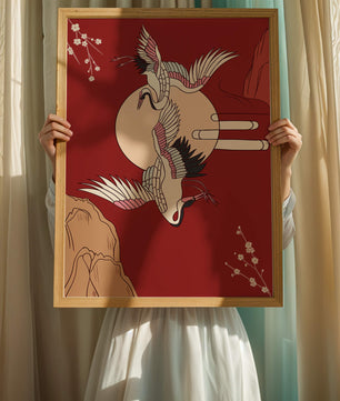 Elegant Asian-inspired artwork featuring flying cranes and cherry blossoms