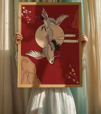 Elegant Asian-inspired artwork featuring flying cranes and cherry blossoms
