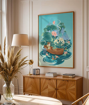 Heitere Landschaft mit Lotus und Boot in einer ruhigen Wasserszene