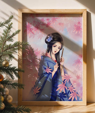 Ilustración elegante de una geisha con kimono azul y hojas rosadas