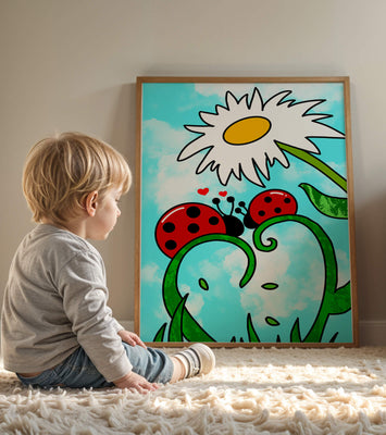 Ladybugs in love beneath a daisy on a bright sky
