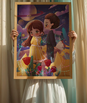 Ilustración de pareja romántica con estrellas y rosas en un entorno nocturno mágico