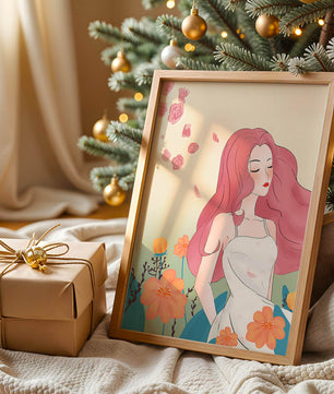 Illustration of a serene woman in a floral dress with flowing red hair