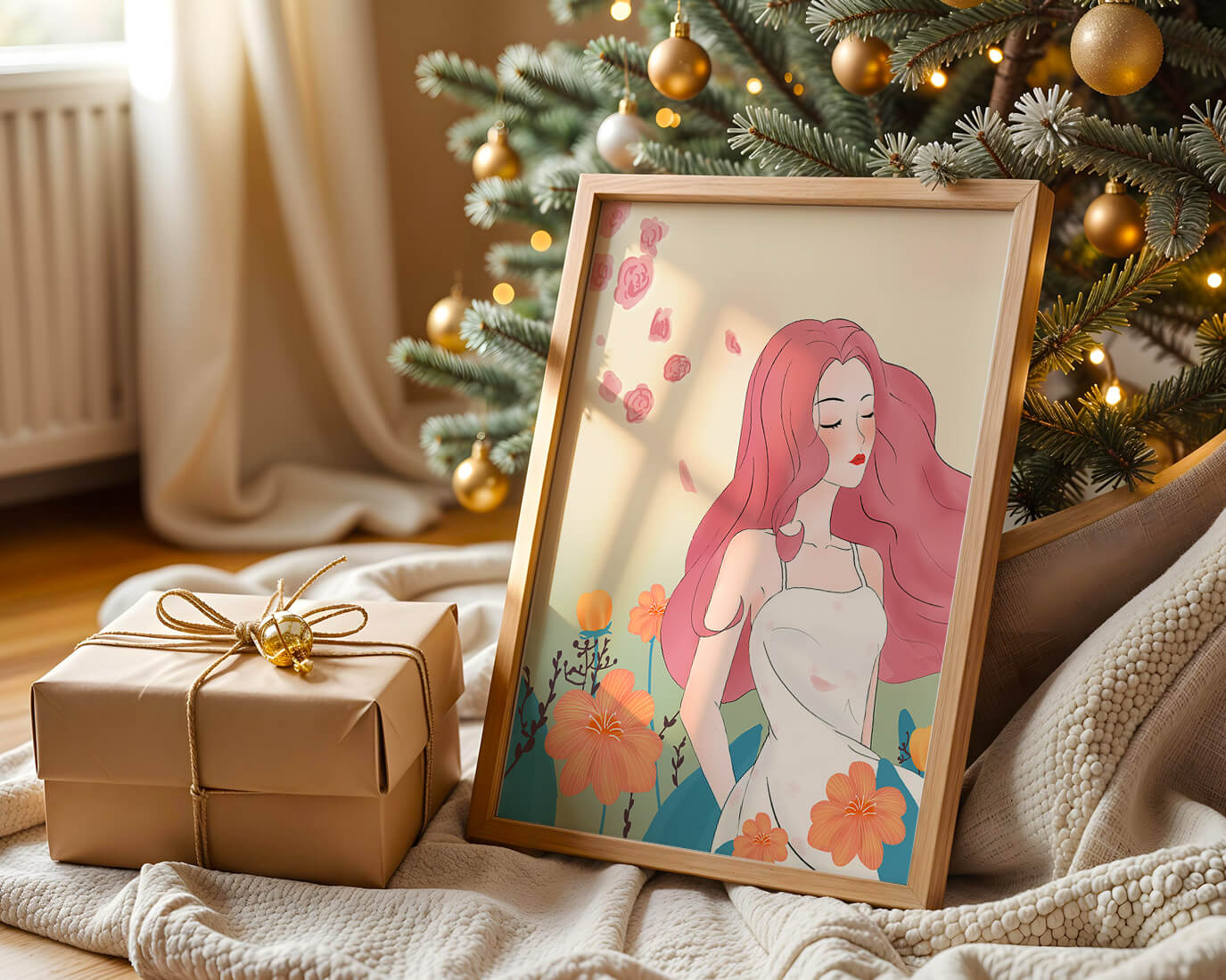 Illustration of a serene woman in a floral dress with flowing red hair