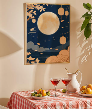 Full Moon Night with Lanterns and Falling Leaves in Tranquil Landscape
