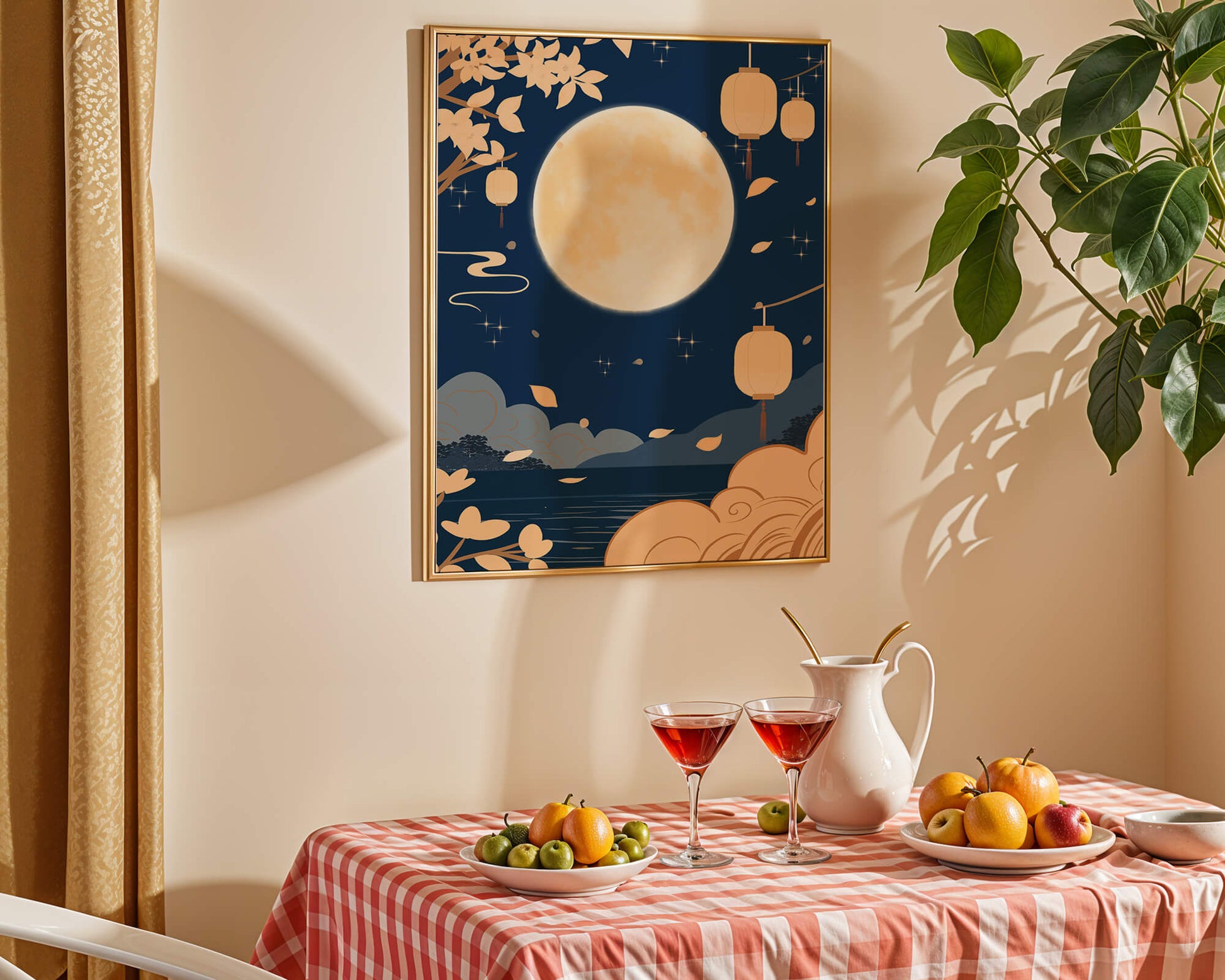 Full Moon Night with Lanterns and Falling Leaves in Tranquil Landscape