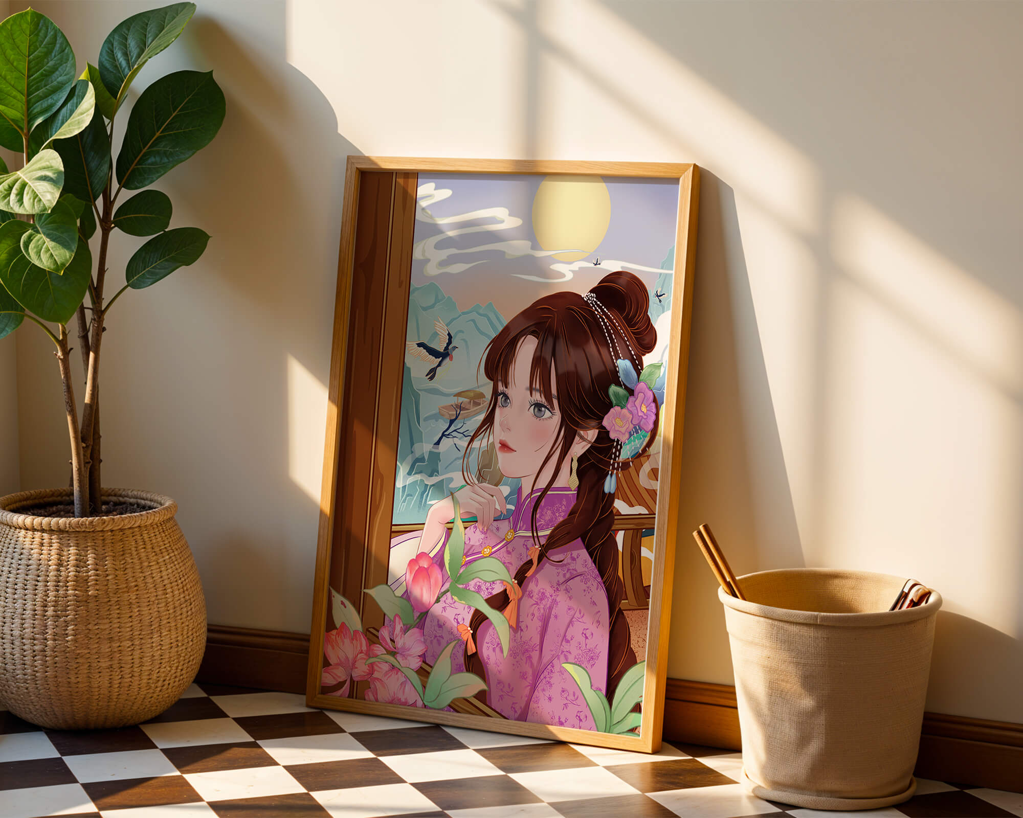 Serene landscape with a woman in traditional dress and mountain view