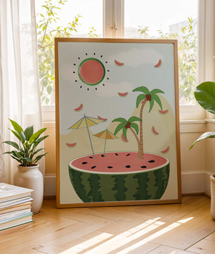 Summer Paradise with Watermelon Sun and Palms in Surreal Landscape
