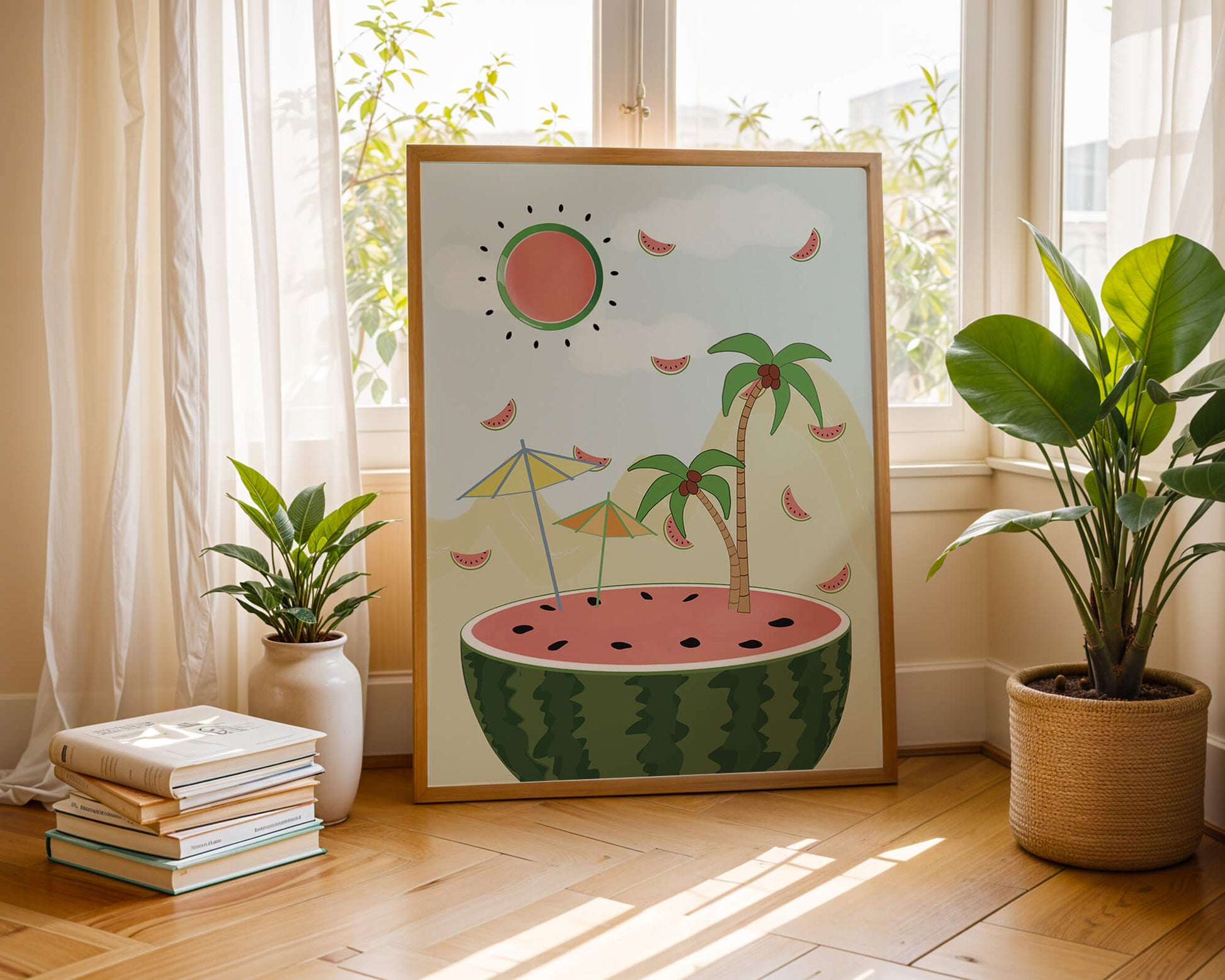 Summer Paradise with Watermelon Sun and Palms in Surreal Landscape