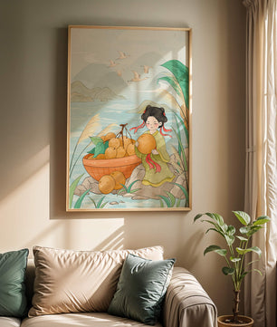 Paisaje sereno con una chica y una cesta de naranjas junto al agua