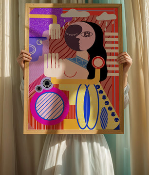Abstrakte geometrische Kunst mit einer weiblichen Figur in leuchtenden Farben