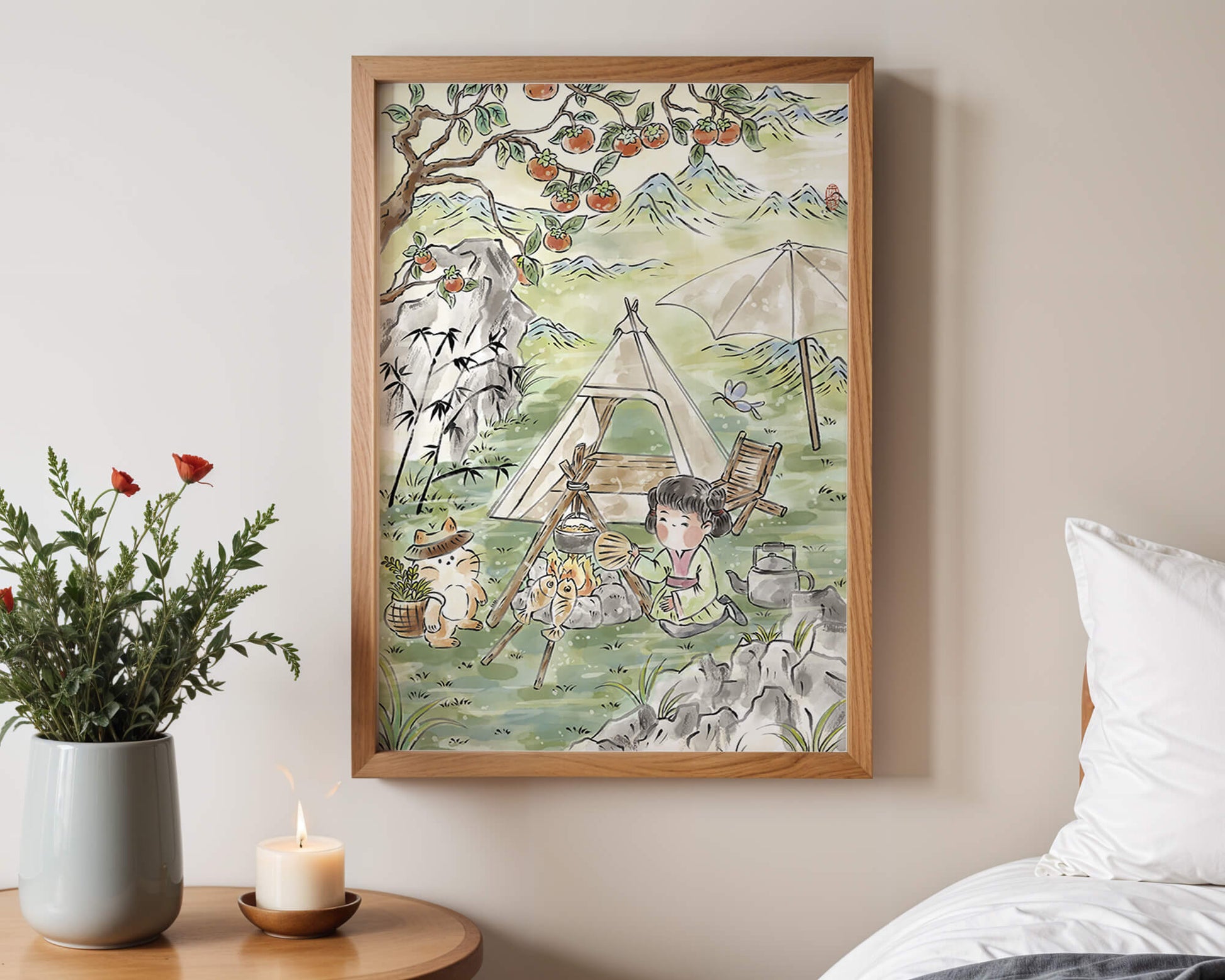 Escena encantadora de camping con un niño y un gato bajo un árbol de caqui