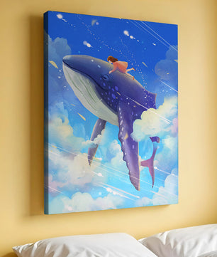 Illustration onirique d'une fille chevauchant une baleine à travers le ciel