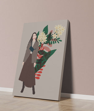 Elegant woman illustration with floral background in earthy tones