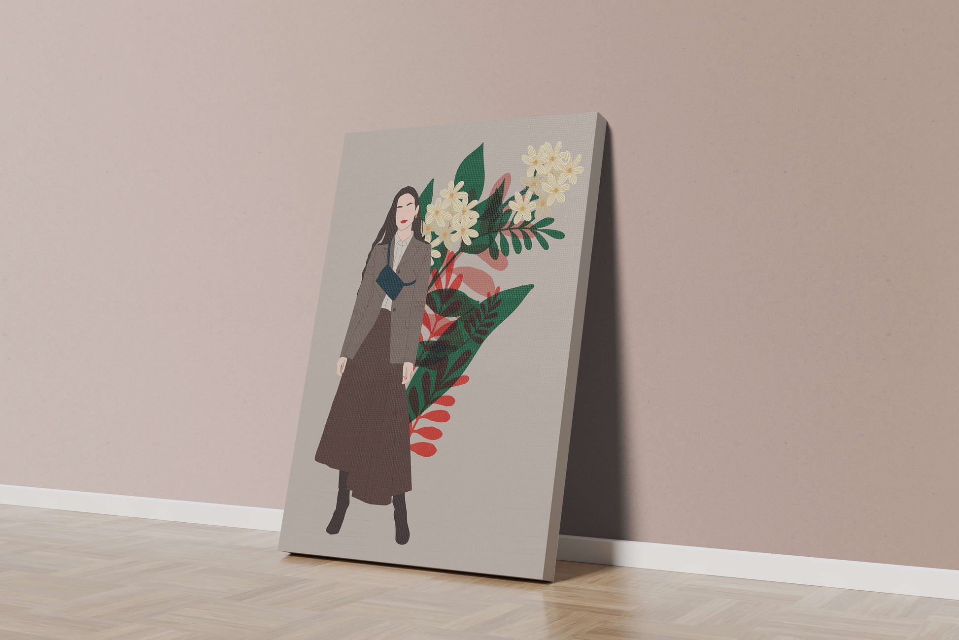 Elegant woman illustration with floral background in earthy tones