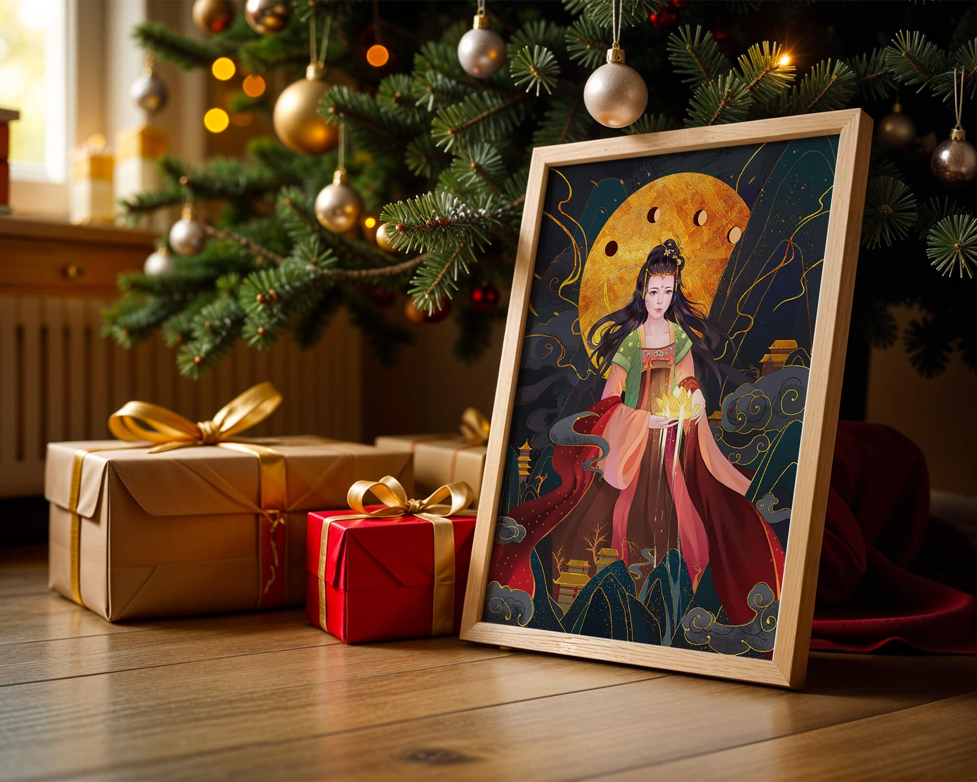 Elegante representación de una figura mítica con un fondo celestial dorado.