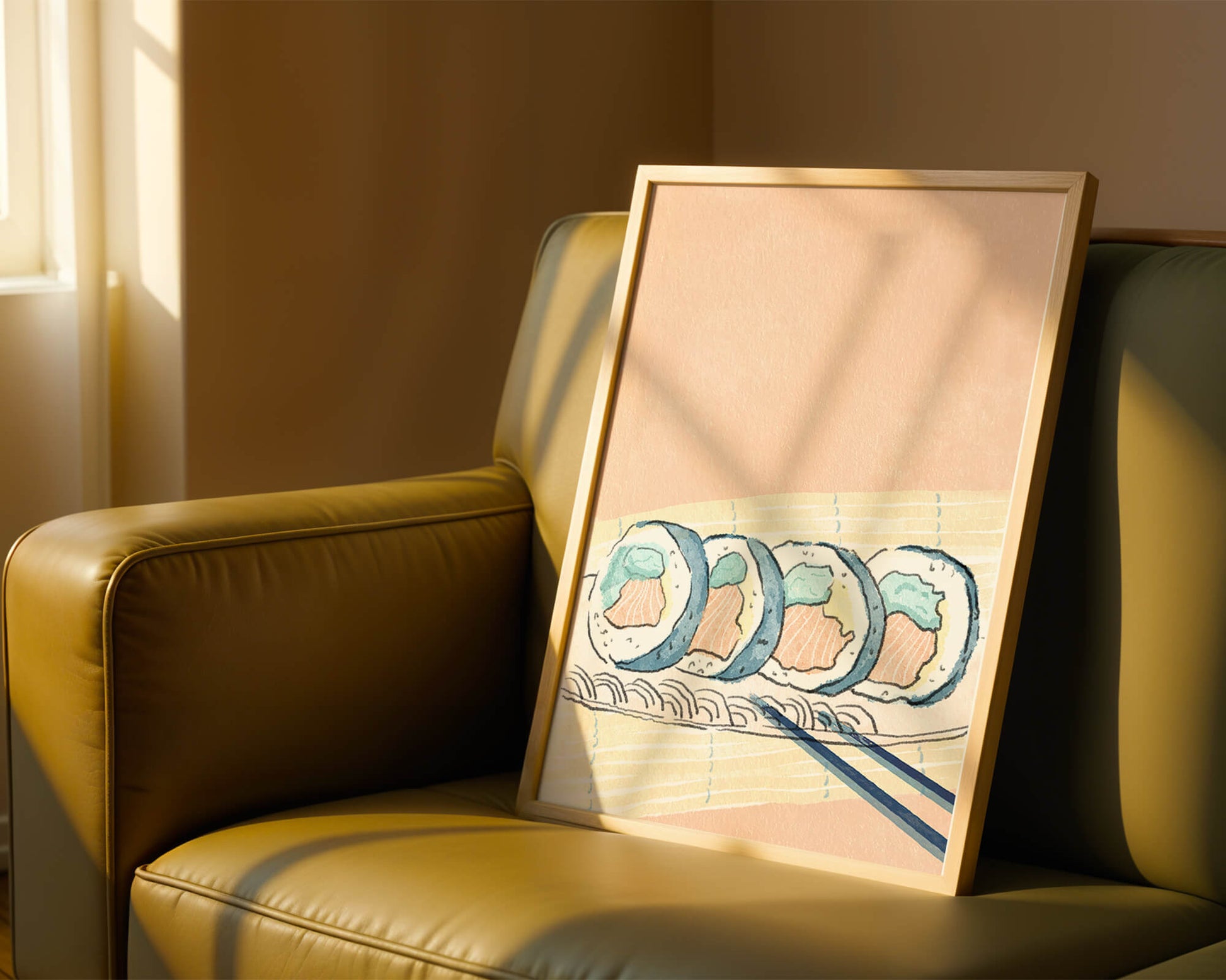 Colorful sushi rolls with chopsticks on pastel background