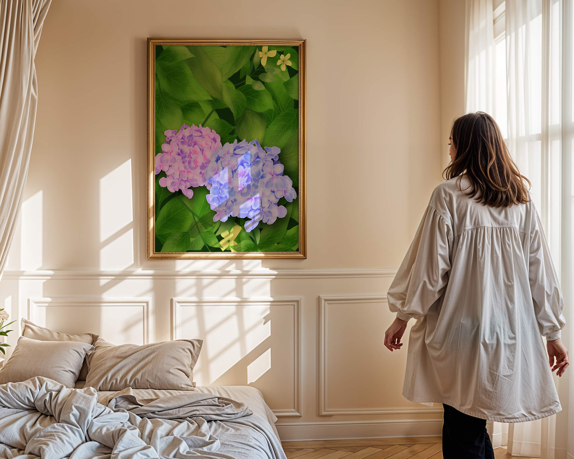 Delicate hydrangeas with lush green leaves in a vibrant botanical scene