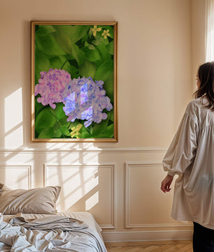 Delicate hydrangeas with lush green leaves in a vibrant botanical scene