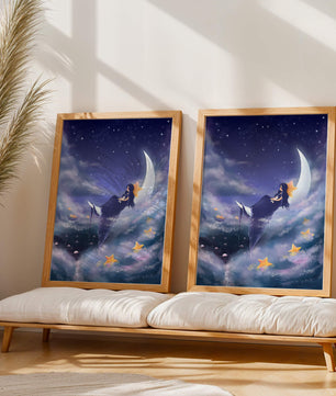 Cielo nocturno soñador con una niña sentada en una luna creciente rodeada de estrellas
