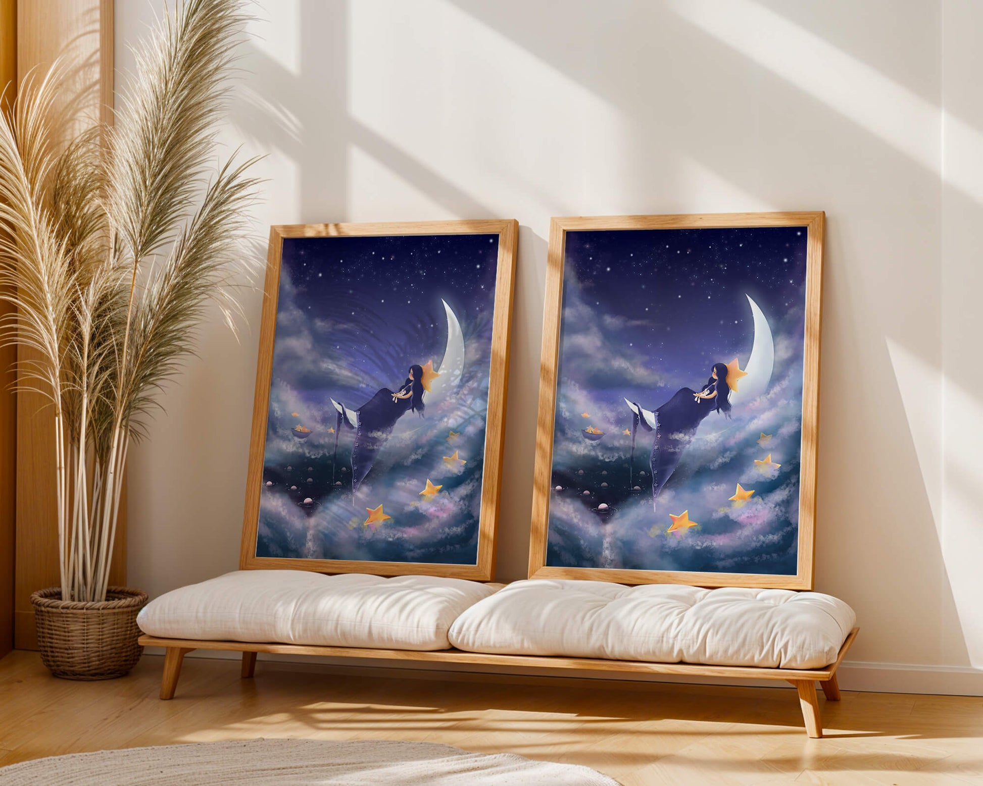 Dreamy night sky with girl sitting on crescent moon surrounded by stars