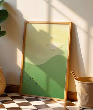 Paisaje minimalista con figuras silueteadas y aves al atardecer