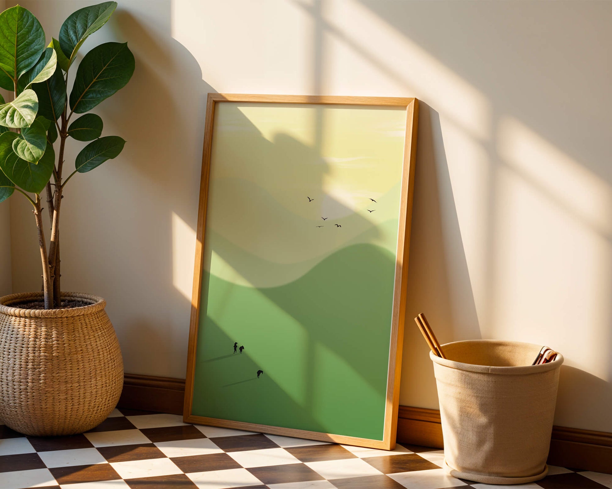 Paisaje minimalista con siluetas de personas y pájaros al atardecer