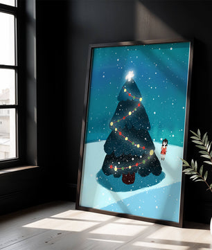 Winter scene with decorated Christmas tree and snowfall