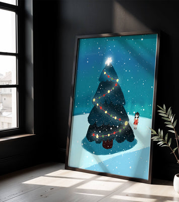 Winter scene with decorated Christmas tree and snowfall
