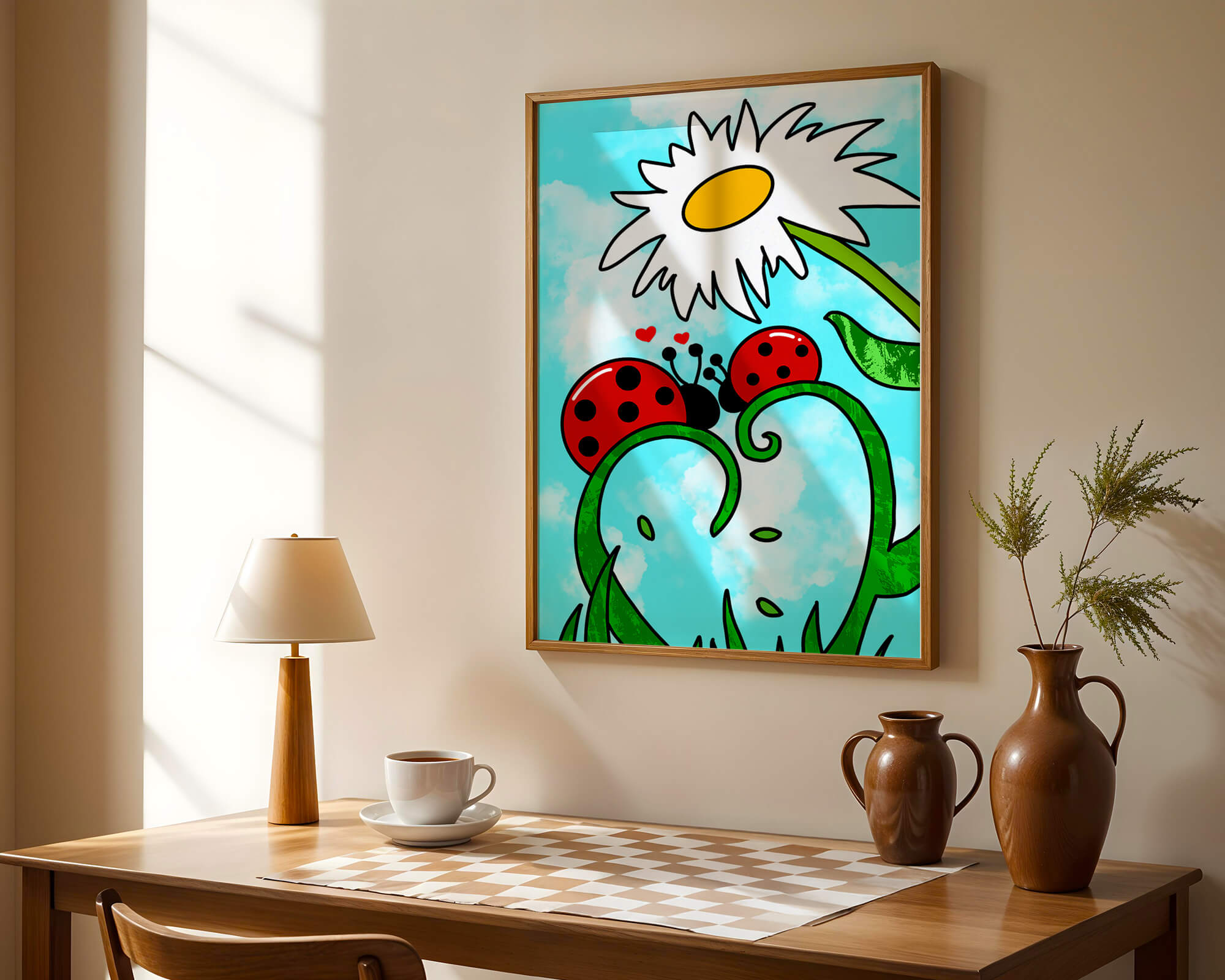 Ladybugs in love beneath a daisy on a bright sky