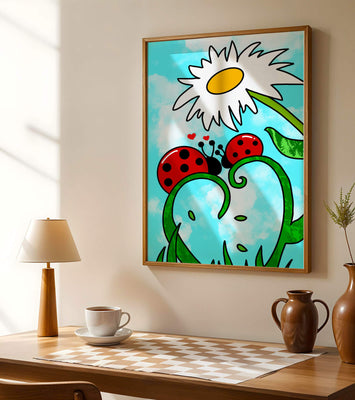 Ladybugs in love beneath a daisy on a bright sky