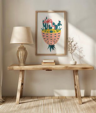 Ilustración de flamenco con cactus en jarrón de piña