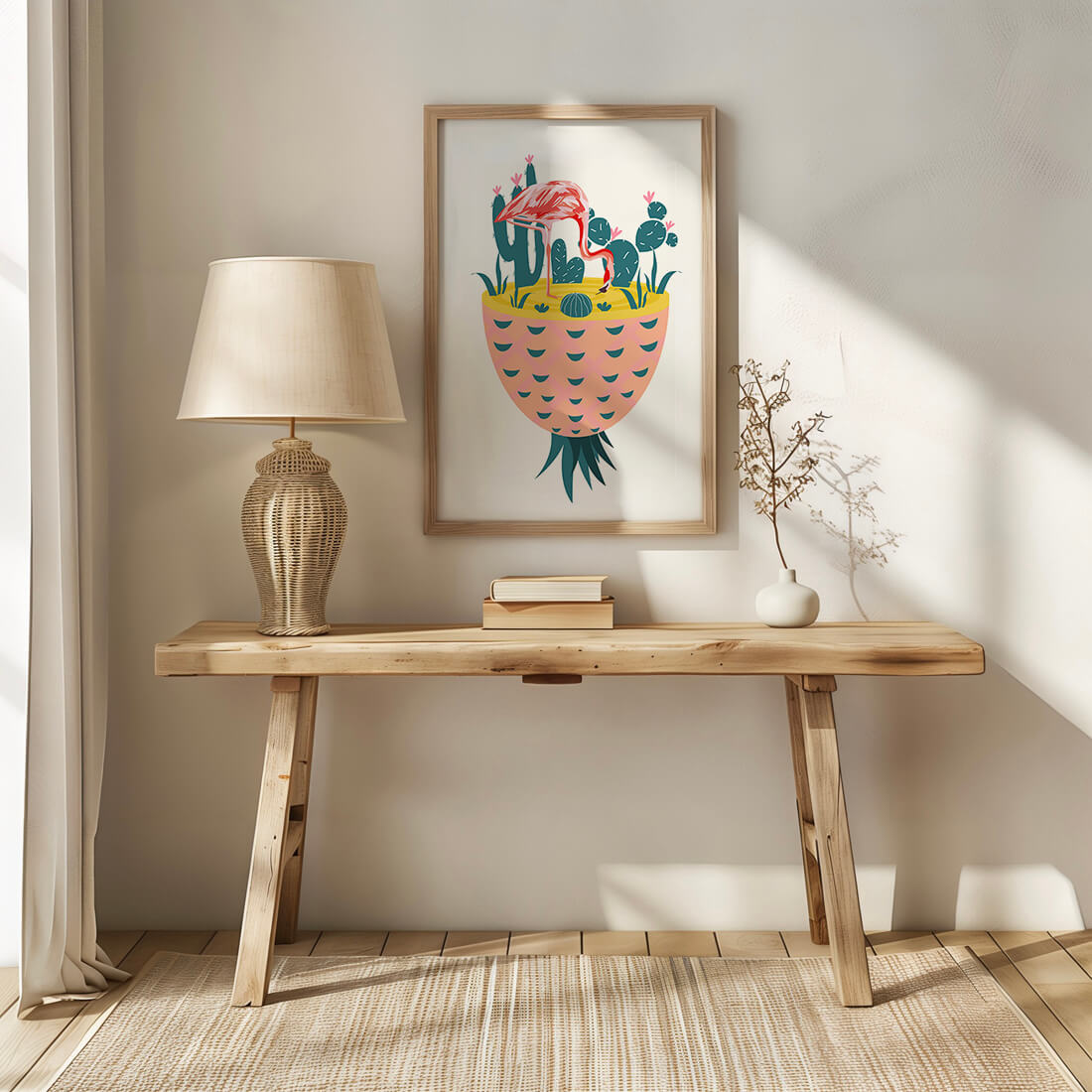 Ilustración de flamenco con cactus en jarrón de piña