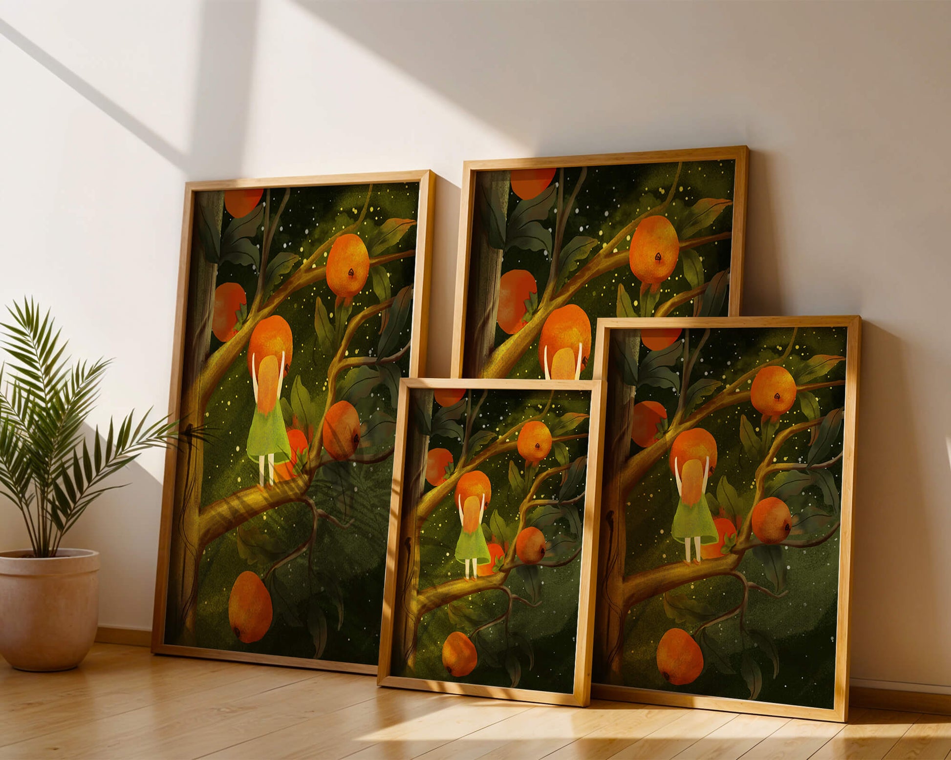 Little Girl Picking Oranges on a Starry Night