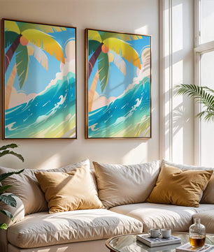 Escena vibrante de playa tropical con palmera y ola del océano