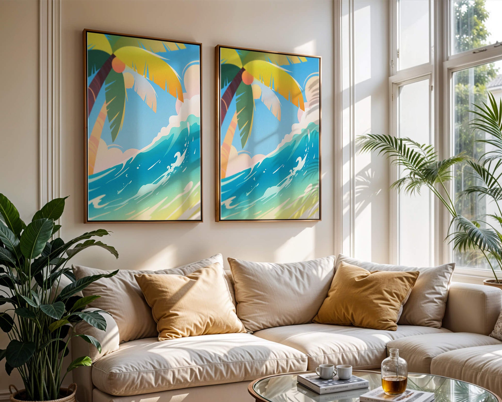 Escena vibrante de playa tropical con palmera y ola del océano